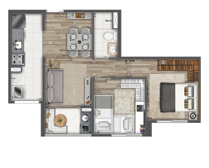 PLANTA CENTRAL 47M LIVING AMPLIADO DE 69M DO APARTAMENTO NATUREZA CLUBE MORUMBI