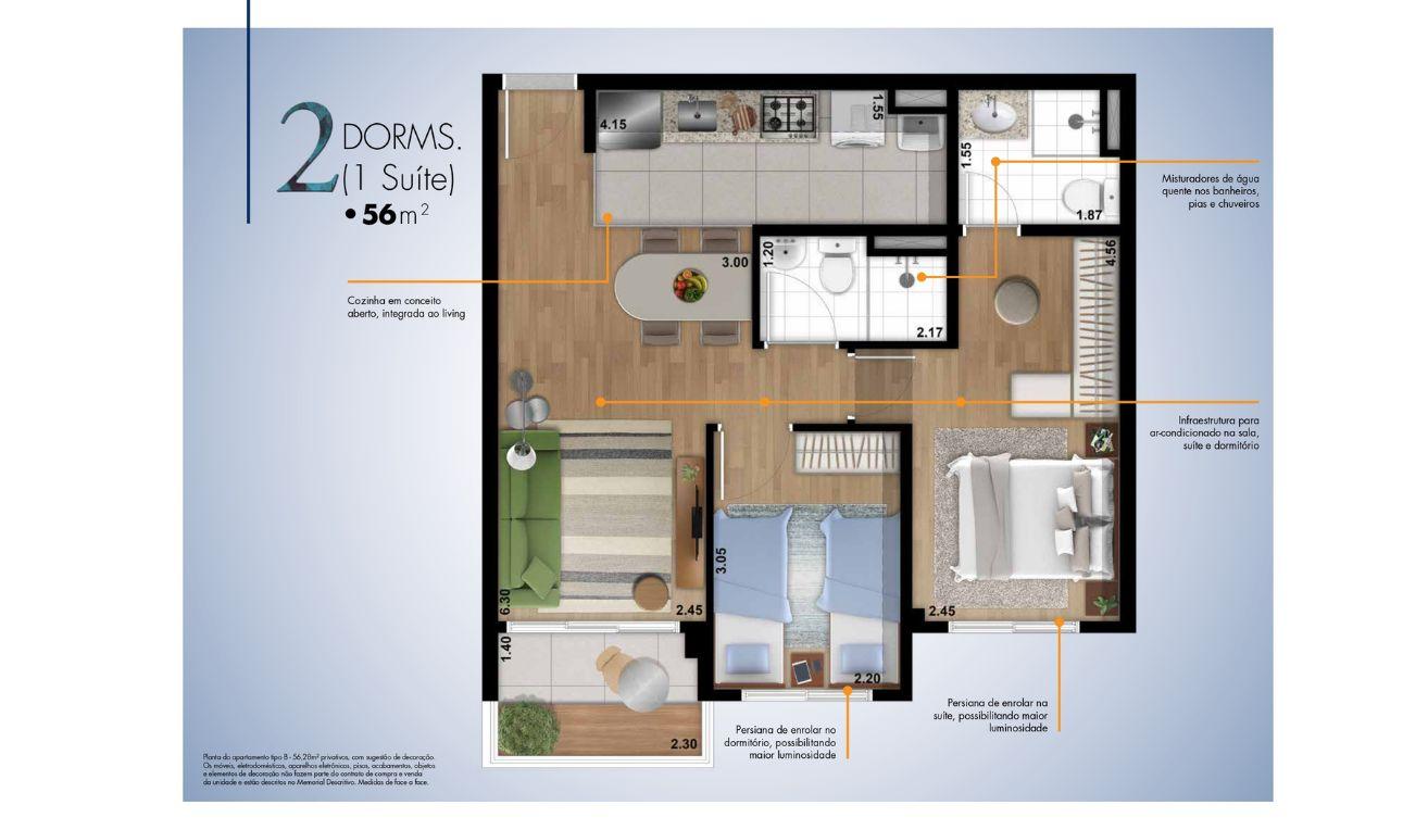 Apto tipo 2 dorms 56m