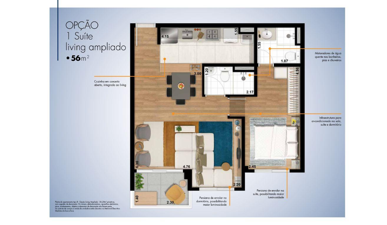 Apto 56m 1 dorm com living ampliado