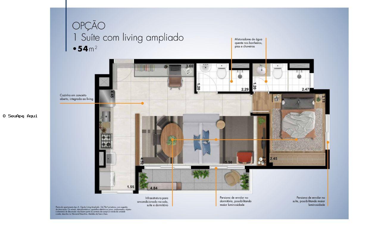 Apto 54m opa de 1 Dorm com Living Ampliado