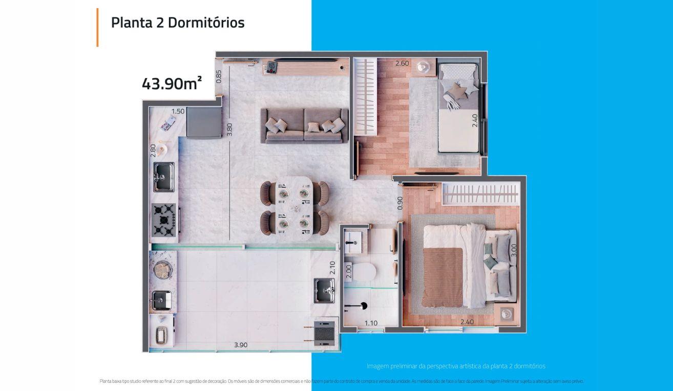 Planta tipo 2 dorms 43m