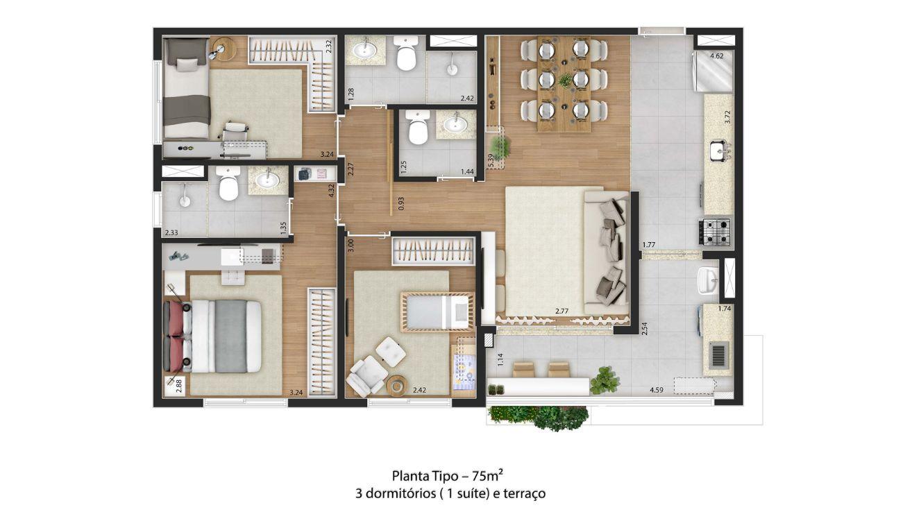 Planta 3 Dorms com Suite e Lavabo