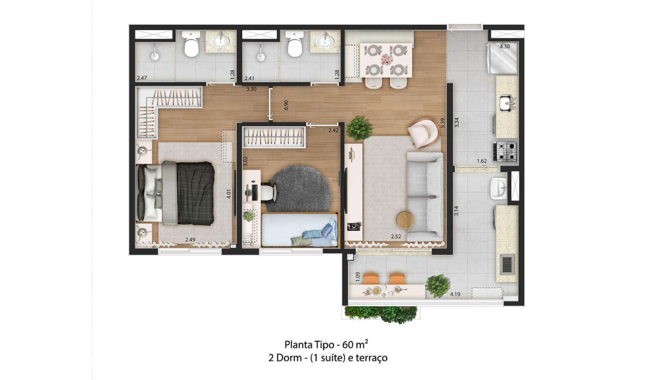 Planta 2 Dorms com Suite e Varanda