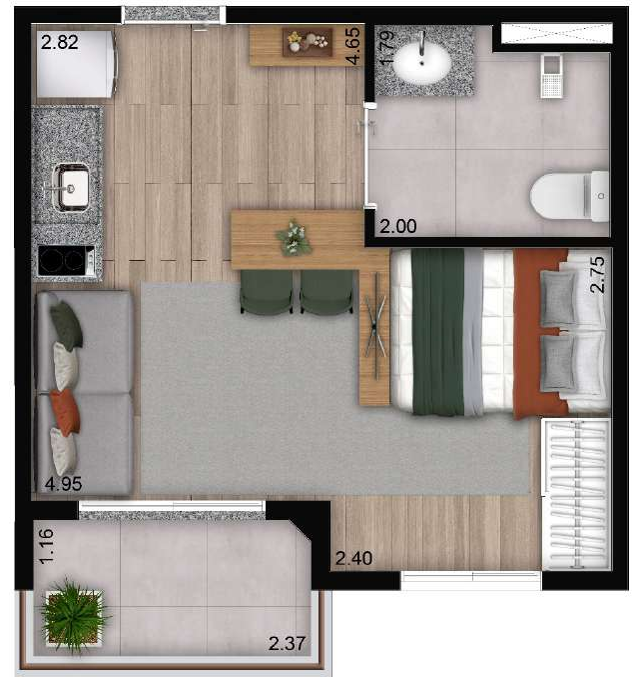 Planta 01 - 1 dorm 27m - studio