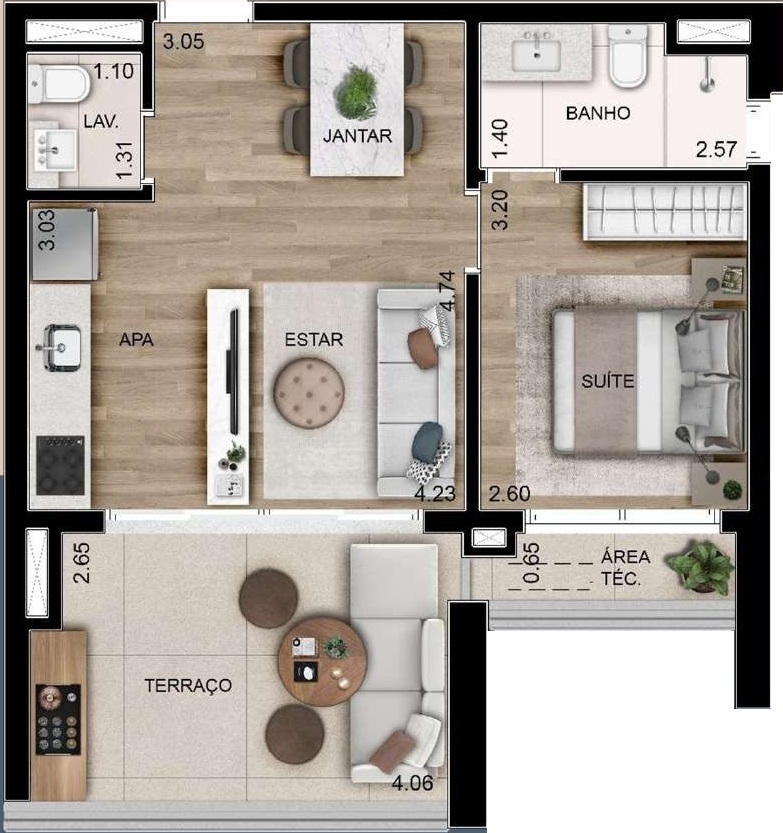 Planta 02 - 1 dorm 53m