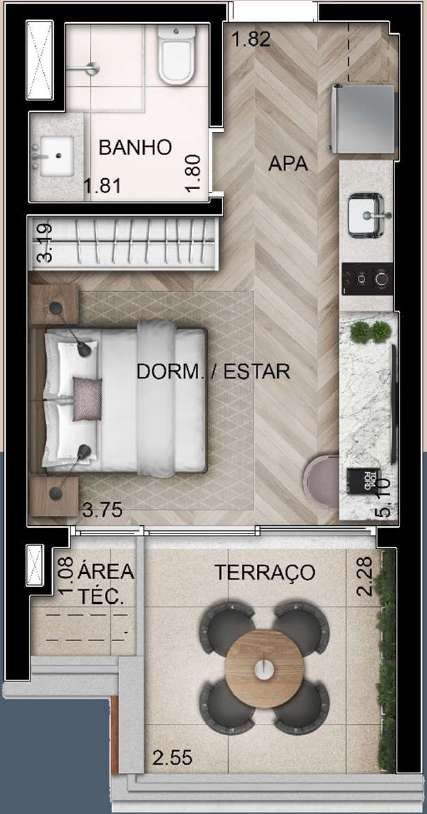 Planta 01 - 1 dorm 30m - studio