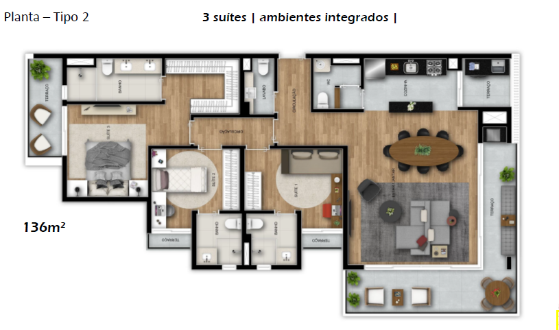 Planta 04 - 3 dorm 136m