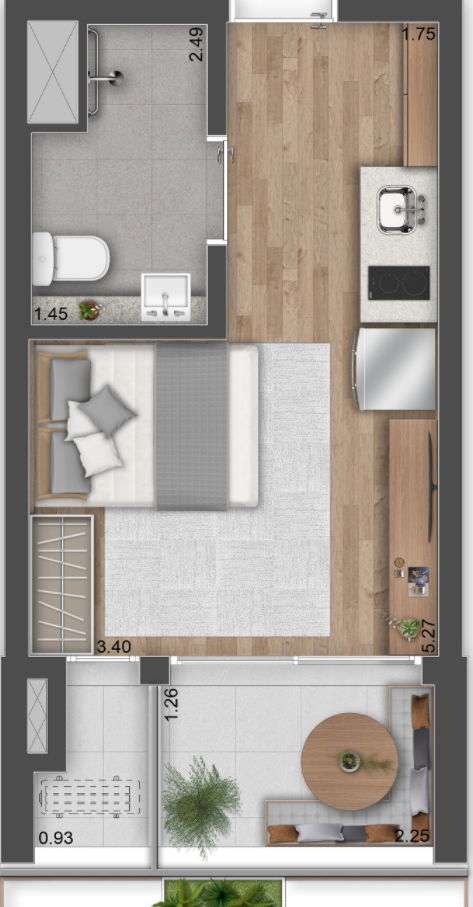 Planta 01 - 1 dorm 26m - studio