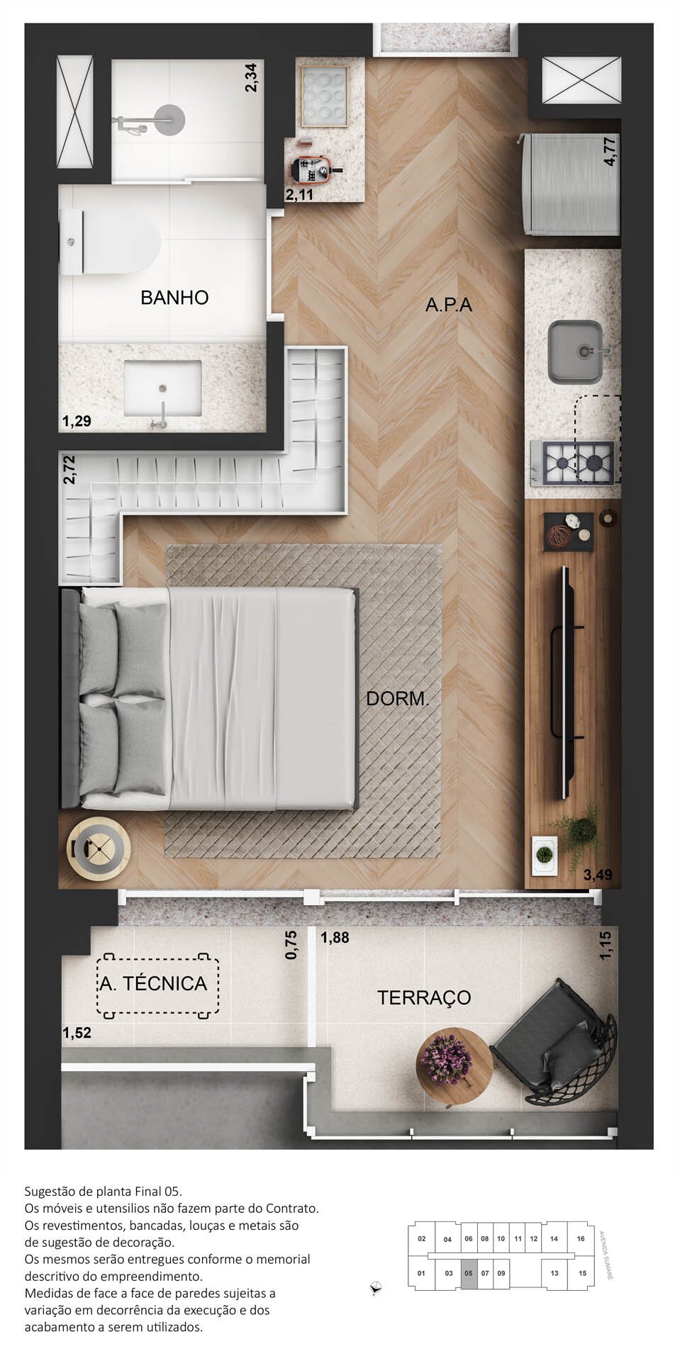 Planta 01 - 1 dorm 25m - studio