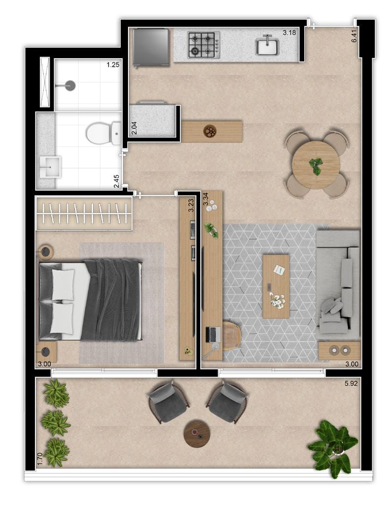 Planta 01 - 1 dorm 53 70m