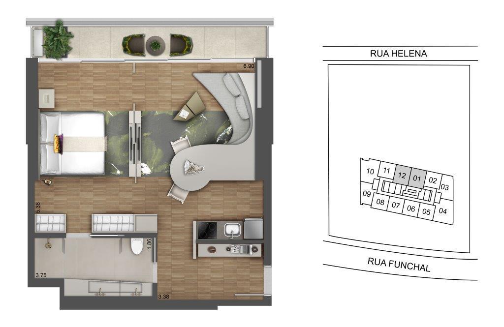 Planta 03 - 1 dorm 68 30m - studio