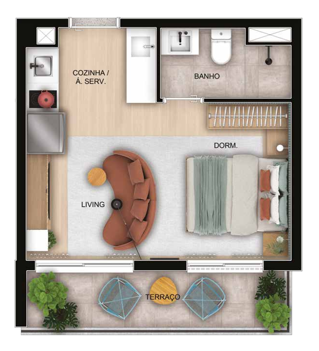 Planta 04 - 1 dorm 30m - studio