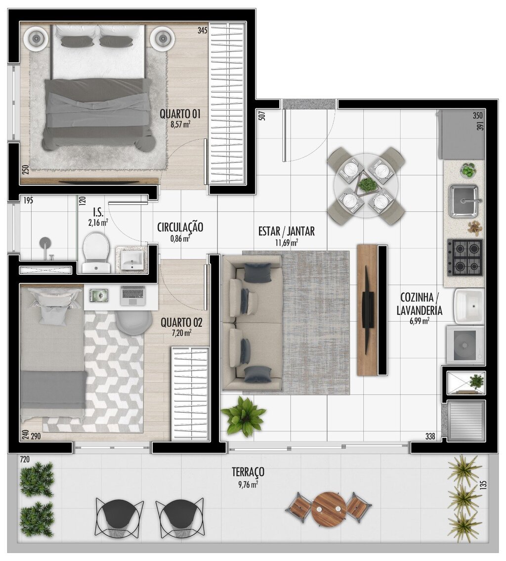 Planta 05 - 2 dorm 54,35m - garden