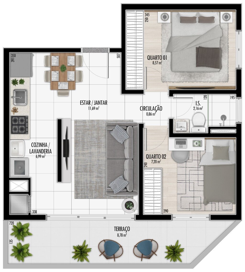 Planta 04 - 2 dorm 53,78m - garden