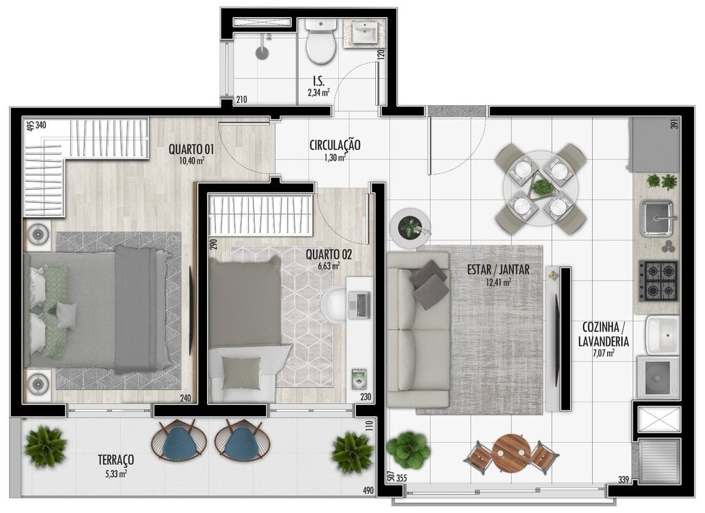 Planta 03 - 2 dorm 53,33m - garden