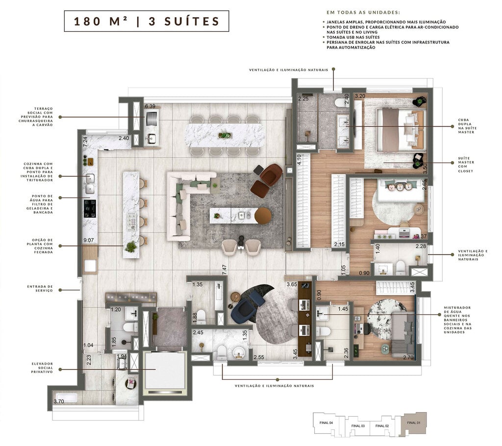 Planta 02 - 3 dorm 180m