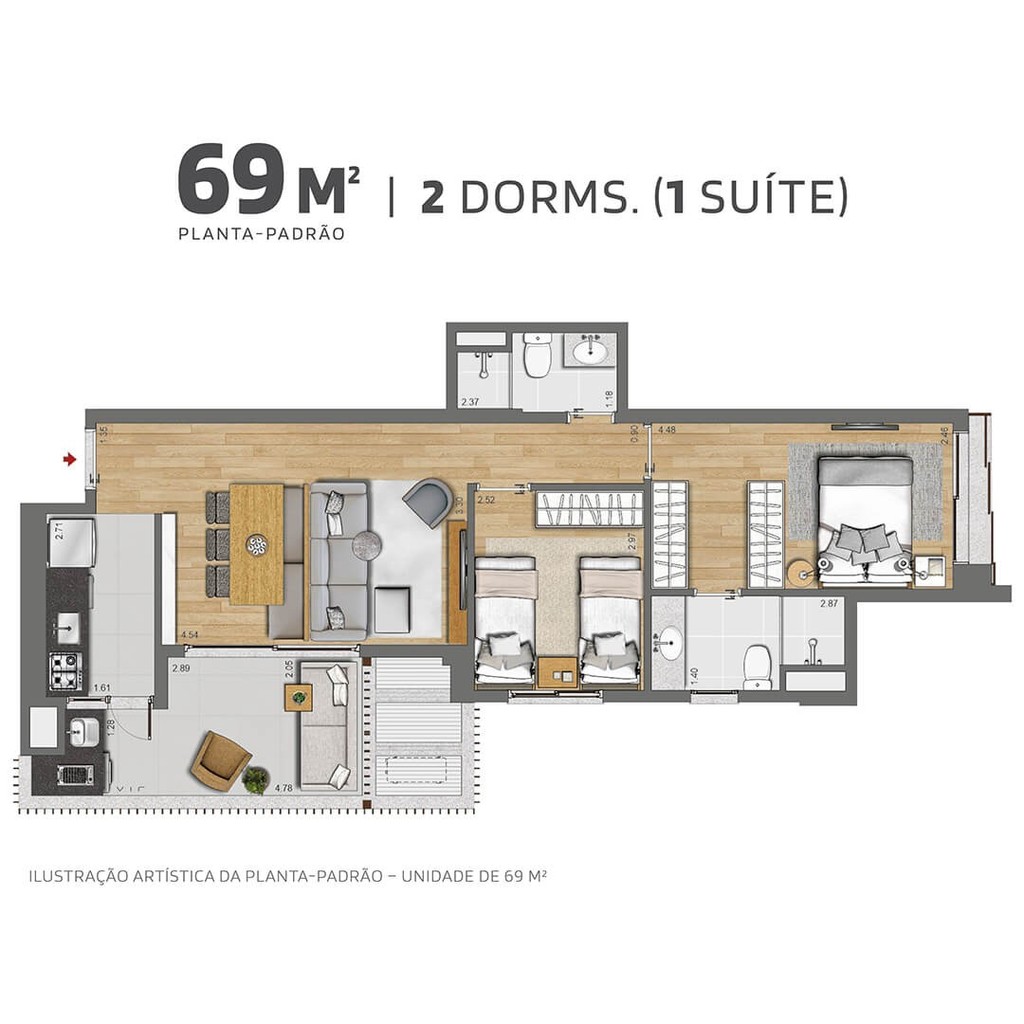 Planta 01 - 2 dorm 69m