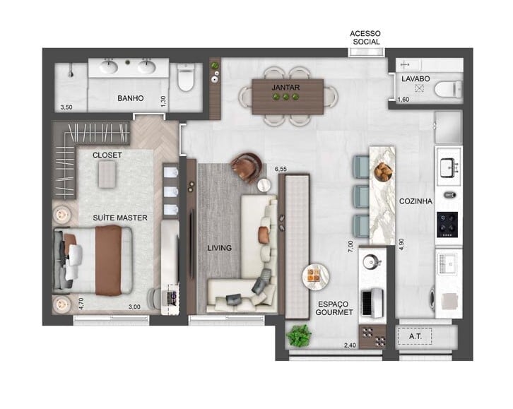 Planta 02 - 1 dorm 70m - opo