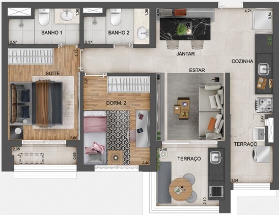 Planta 04 - 2 dorm 65m