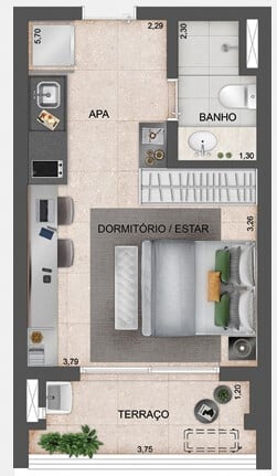 Planta 01 - 1 dorm 30m - studio