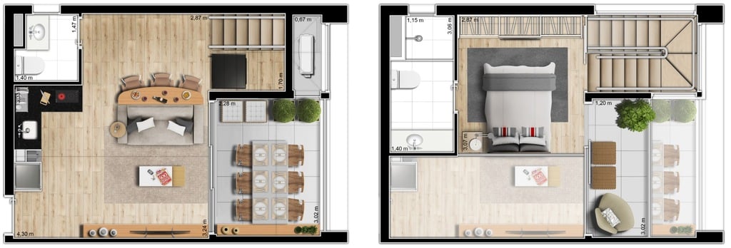 Planta 04 - 1 dorm 56m - duplex