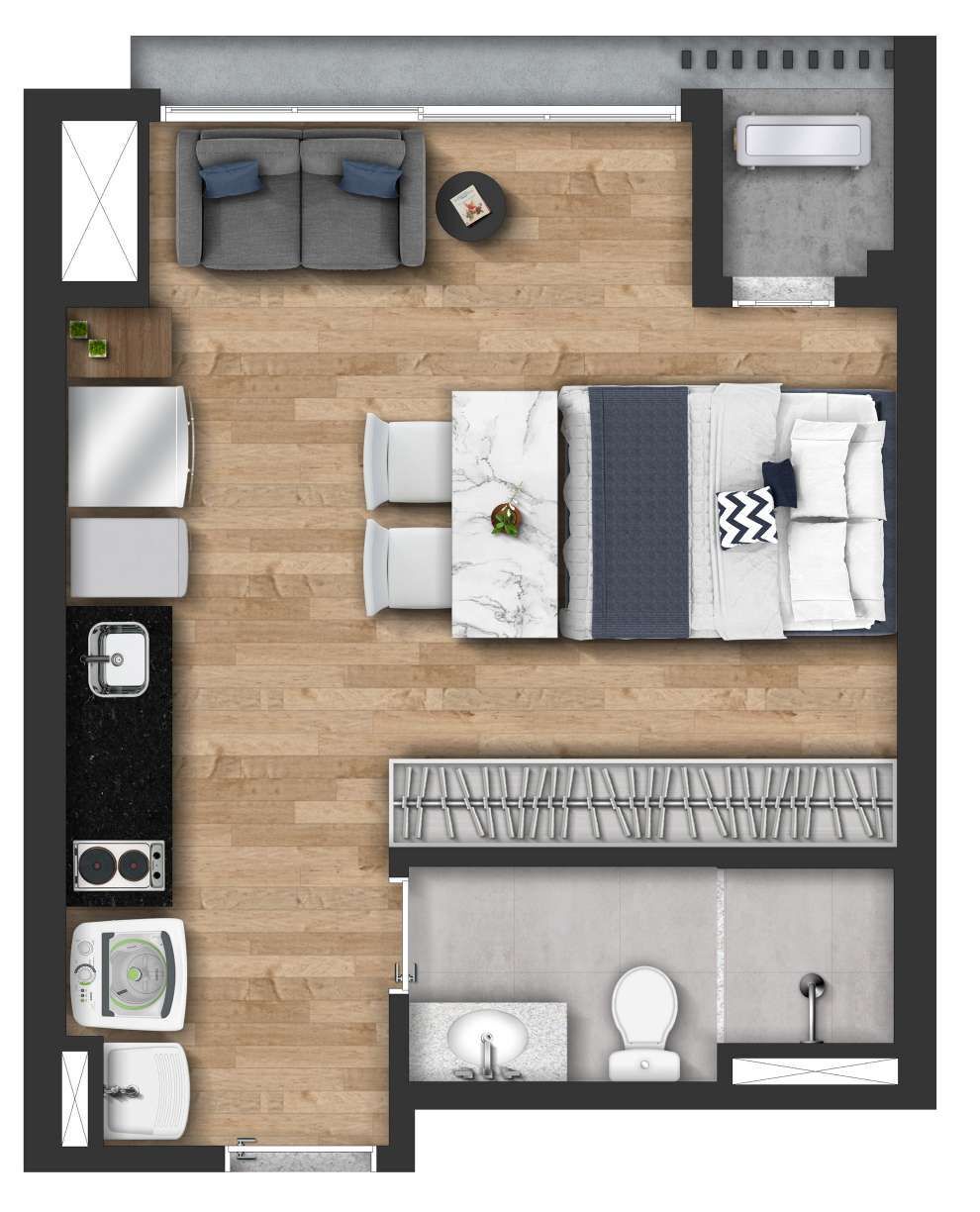 Planta 02 - 1 dorm 29m - studio