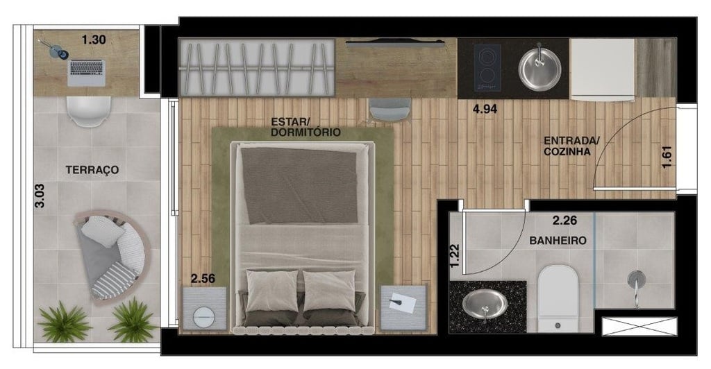 Planta 03 - 1 dorm 21 14m - studio