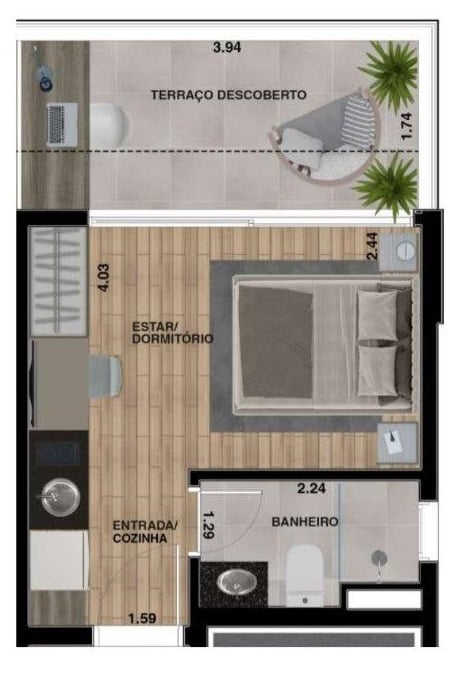 Planta 06 - 1 dorm 25 03m - studio