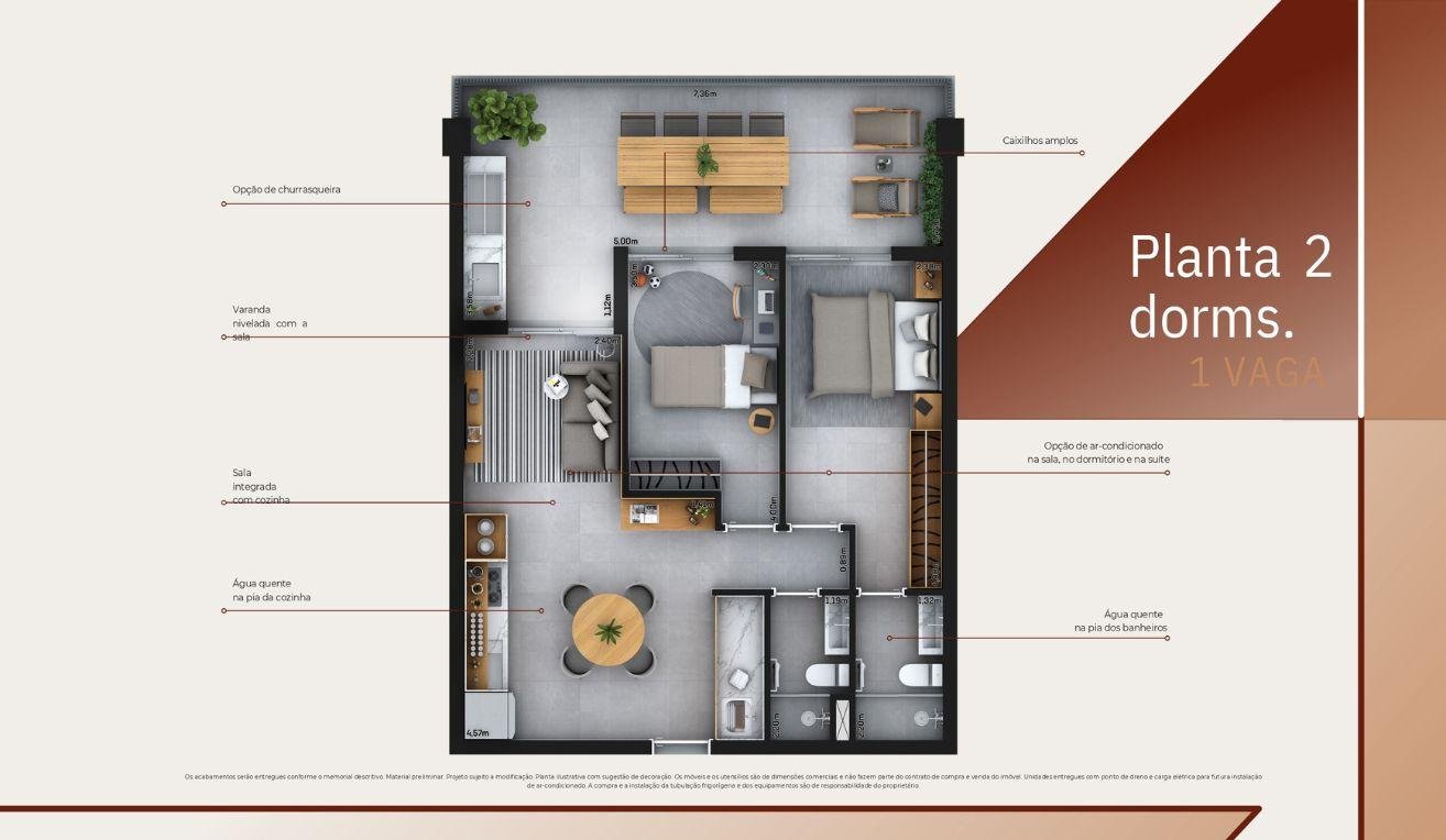 Planta 2 Dormitrios com Sute e Varanda