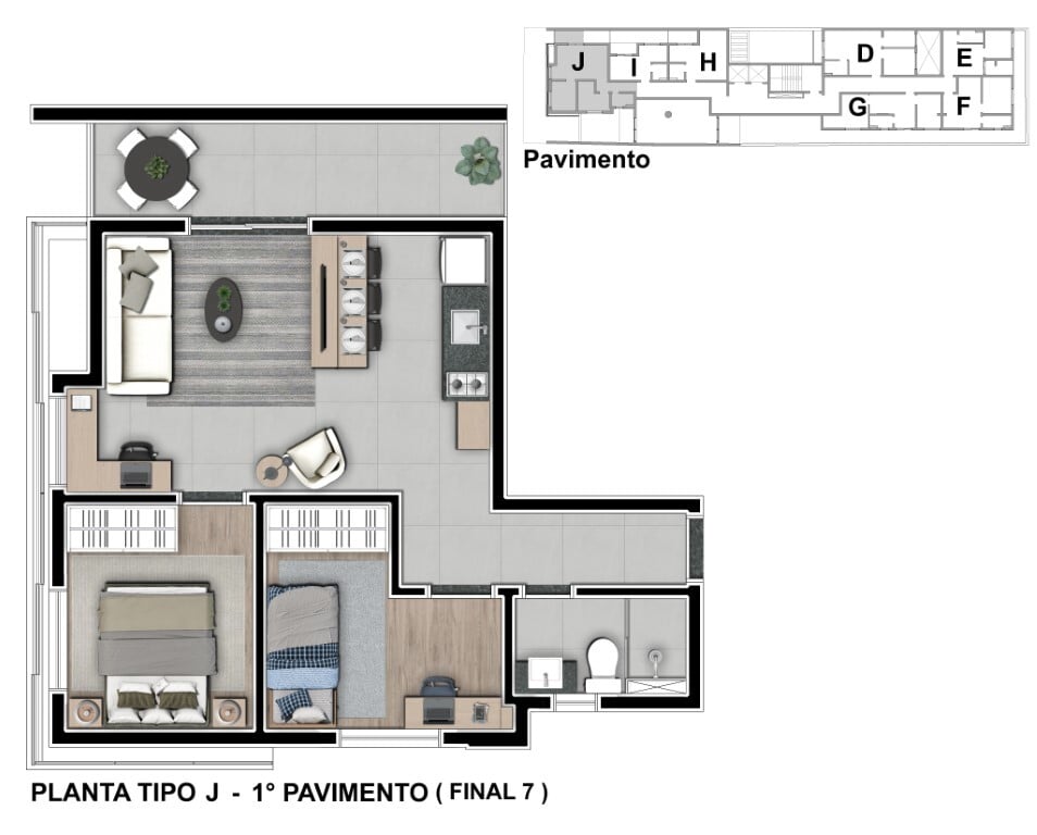 Planta 10 - tipo j - 2 dorm 55m - final 07 - 1 pavimento