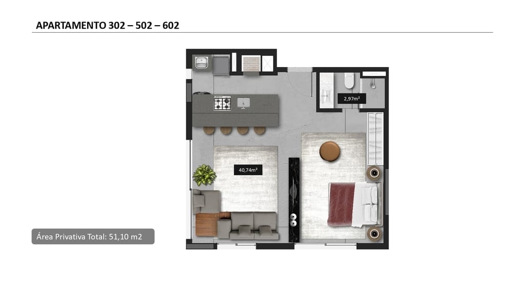 Planta 05 - 1 dorm 51 10m - studio