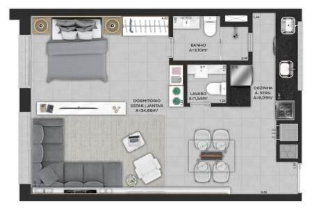 Planta 01 - 1 dorm 53m - studio