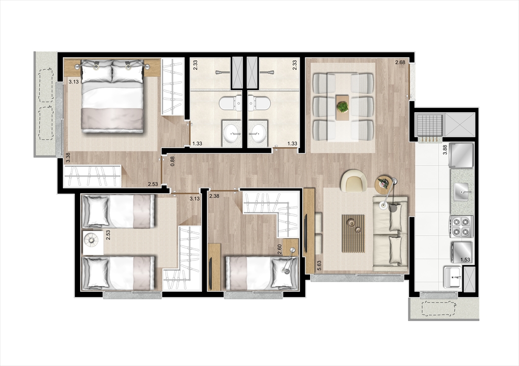 Planta 04 - 3 dorm 67m