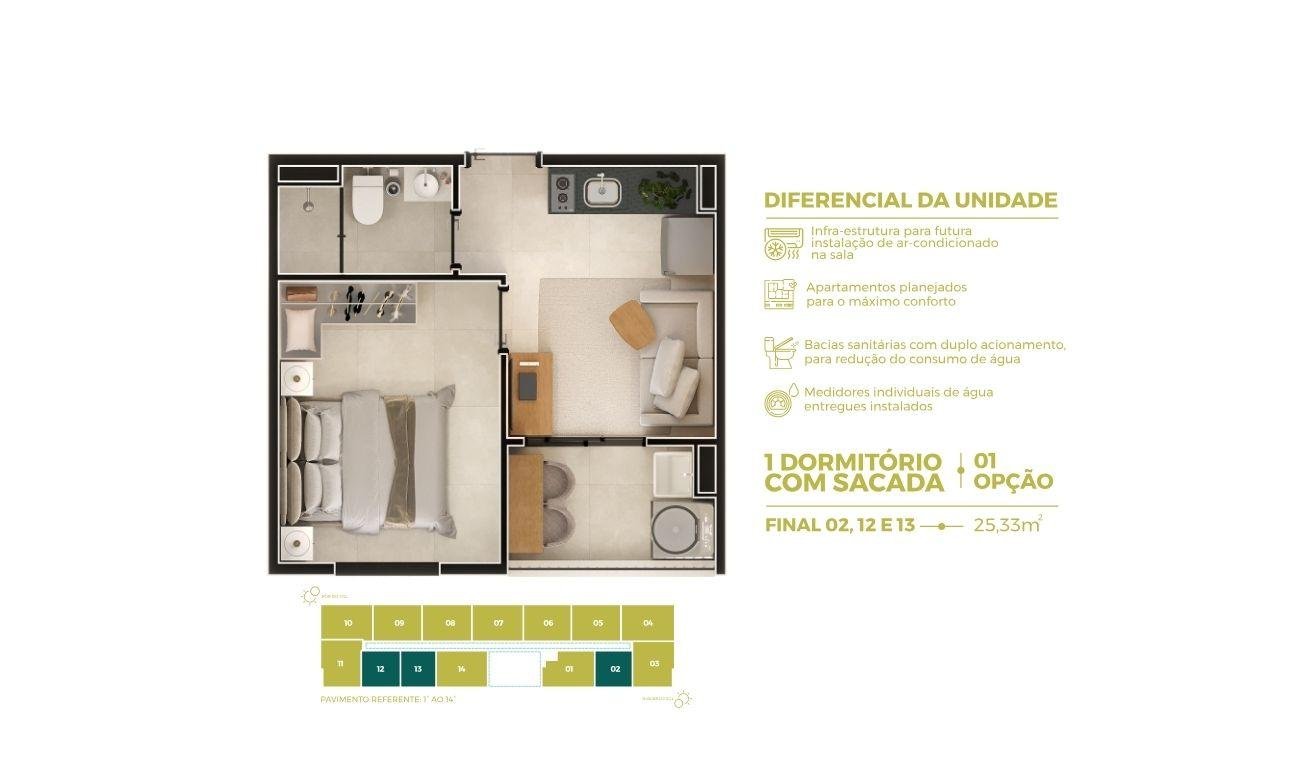 Apto 1 Dorm com Sacada - Finais 2, 12 e 13