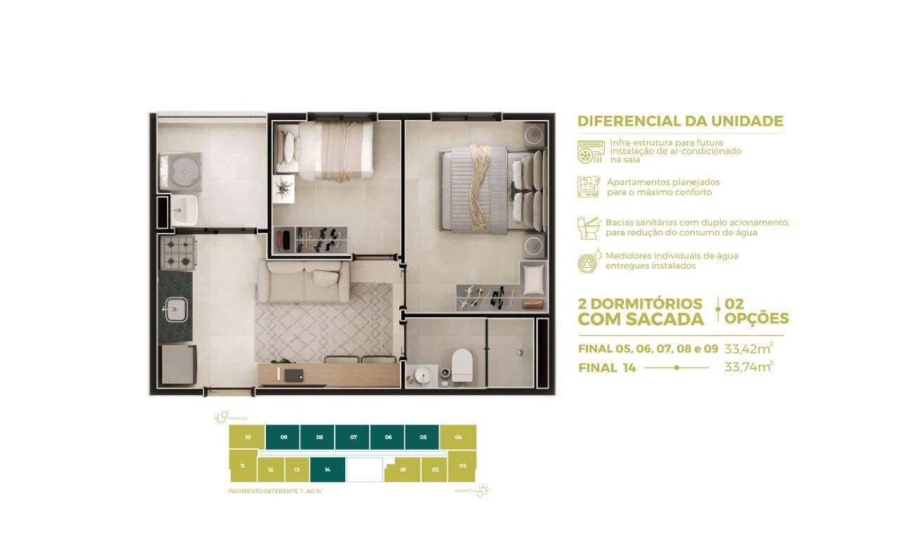 Apto 2 Quartos com Sacada - Finais 5, 6, 7, 8 e 9