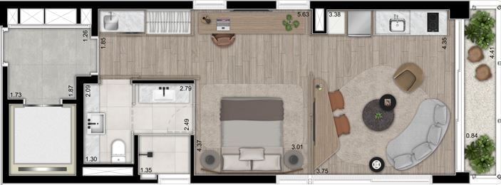 Planta 01 - 1 dorm 58m - studio