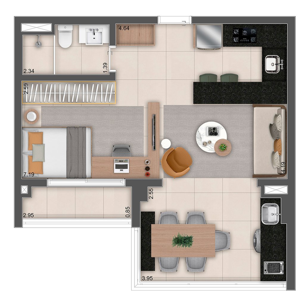 Planta 02 - 1 dorm 50,12m - studio - opo