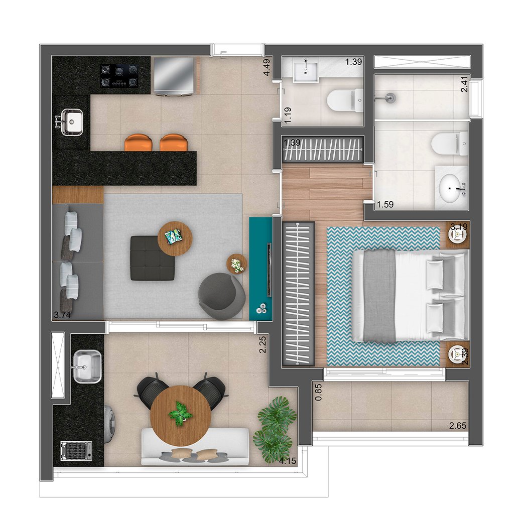 Planta 04 - 1 dorm 52,95m