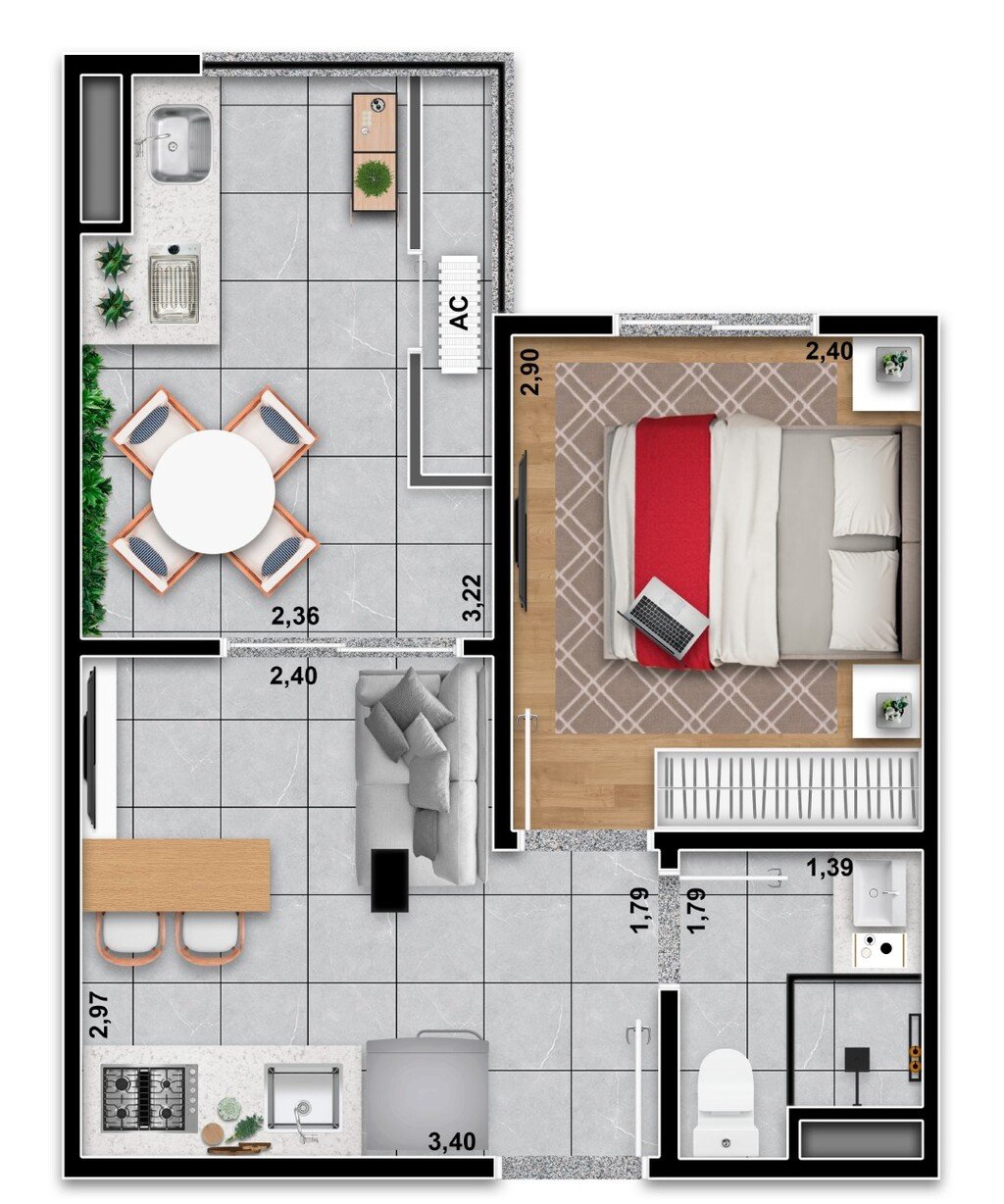 Planta 02 - 1 dorm 30 52m