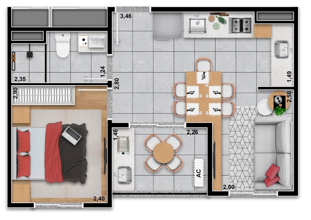 Planta 06 - 1 dorm 33 47m