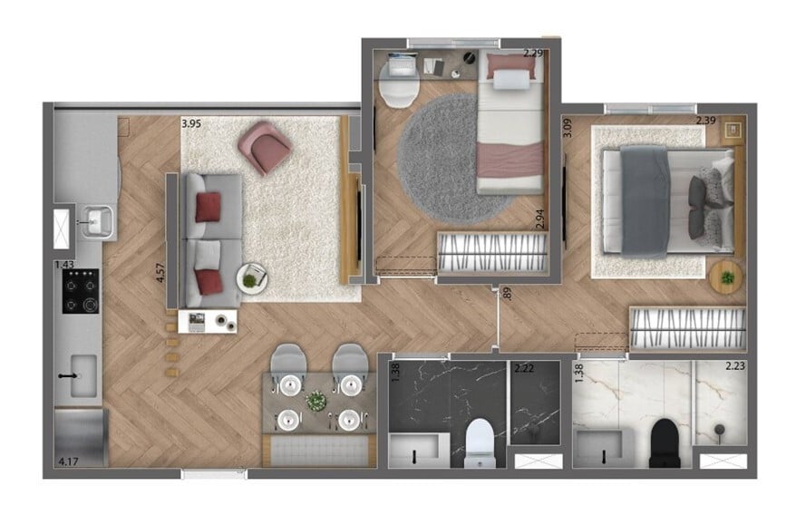 Planta 01 - 2 dorm 46 66m