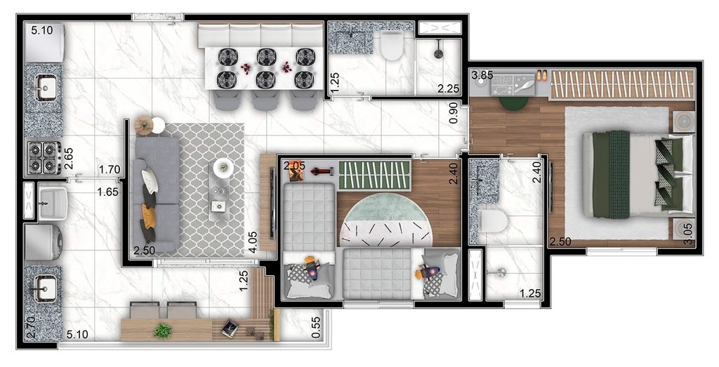 Planta 01 - 2 dorm 56m