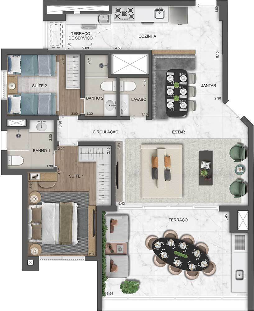 Planta 02 - 2 dorm 105m - opo