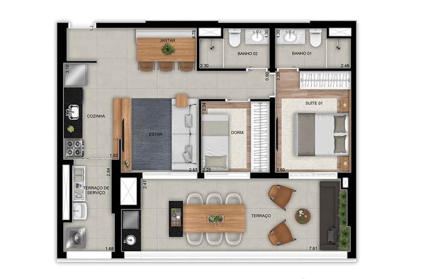 Planta 01 - 2 dorm 75m