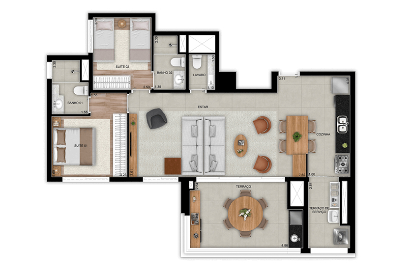 Planta 04 - 2 dorm 95m - opo