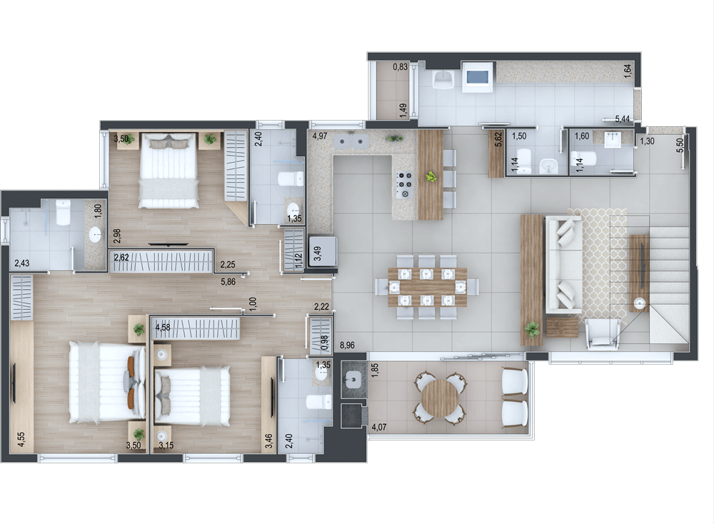 Planta 06 - 3 dorm 226,92m - cobertura duplex - inferior