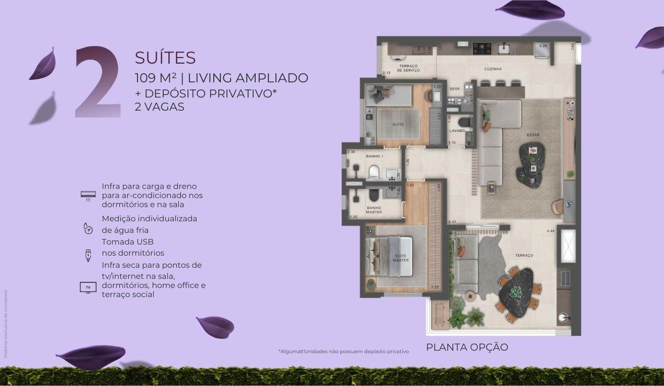 Planta de 109m2 com 2 Sutes e Sala Ampliada