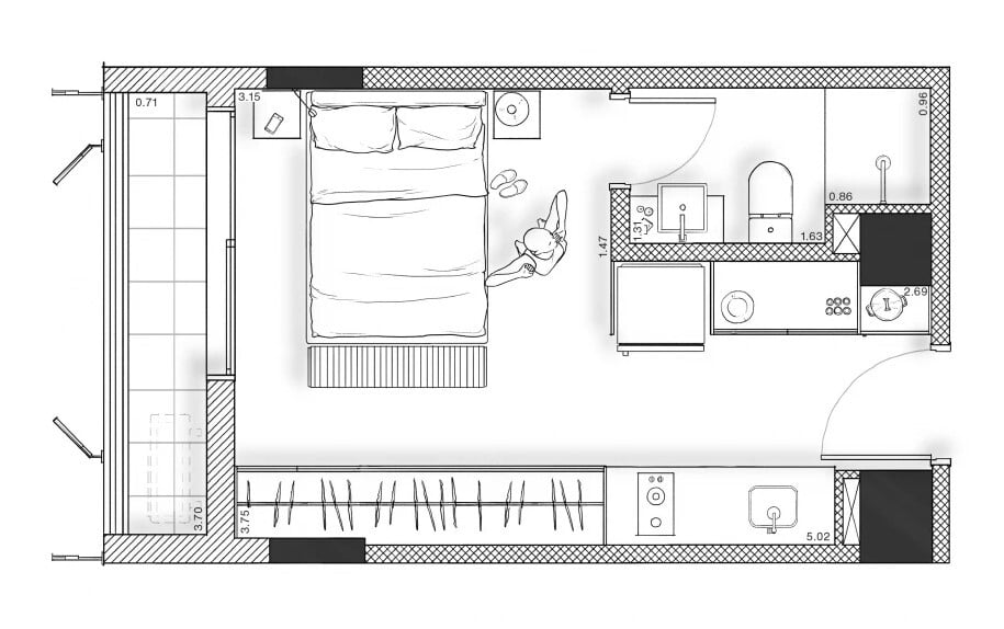 Planta 01 - 1 dorm 25m - studio