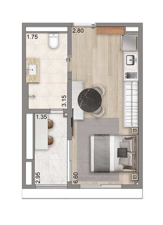 Planta 01 - 1 dorm 32,50m - studio