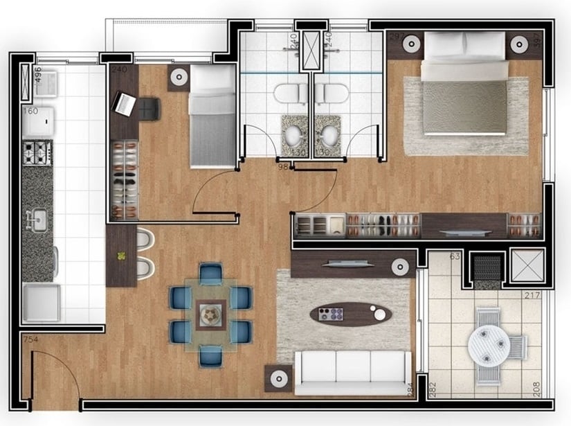 Planta 01 - 2 dorm 75 63m